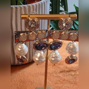 INC  Gold and White Pearl Drop Earrings